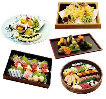 Ｓセット料理です。和風オードブル、刺身盛合せ、天ぷら盛合せ、煮物盛合せ、特上にぎり鮨の計５品となります