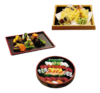 Ｂセット料理です。天ぷら盛合せ、煮物盛合せ、上にぎり鮨の計３品となります